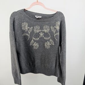 Haute Hippie Charcoal Crewneck Sweater with Cream Floral Stitching